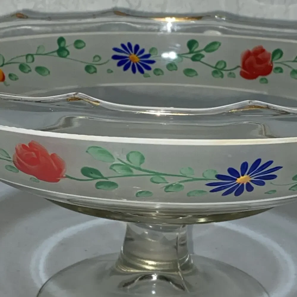 Vintage Pedestal Candy Dish Fruit Bowl Daisies Roses 8”x5” Bohemian Hand Painted